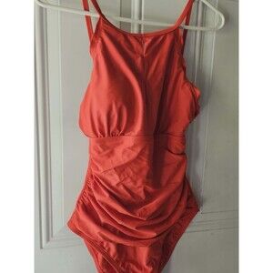 Ellen Tracy One Piece Swimsuit Size 10 Coral Orange Ruched Adjustable Straps